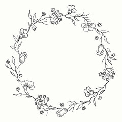 vector drawing, round wreath of flowers and branches with leaves on a pink background