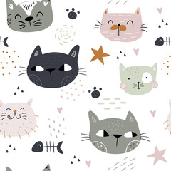 Seamless childish pattern with cute cats. Creative kids hand drawn texture for fabric, wrapping, textile, wallpaper, apparel. Vector illustration