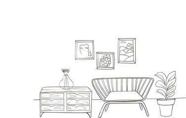 Hand drawn scetch of interior with sofa, cabinet, plants and pictures on the wall