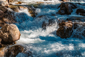 Beautiful alpine view with a mountain stream at the famous Stuibenfall waterfall, Umhausen, Oetztal, Tyrol, Austria