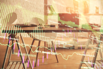 Multi exposure of stock market chart drawing and office interior background. Concept of financial analysis.