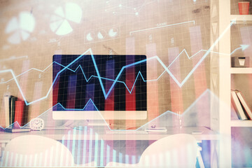 Multi exposure of stock market chart drawing and office interior background. Concept of financial analysis.
