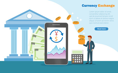 Currency exchange, financial and banking business. Businessman making profit from currency converter from online smartphone with calculater and bank background.