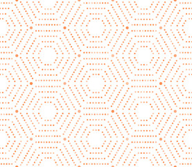 Geometric repeating ornament with hexagonal dotted orange elements. Geometric modern ornament. Seamless abstract modern pattern