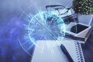 Double exposure of financial theme drawing and cell phone background. Concept of business