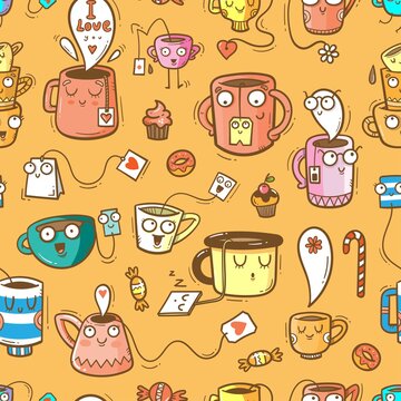 Seamless pattern with cute cups and sweets on orange background. Wallpaper with mugs and tea sachets. Dishes with tastydrink. Cartoon doodle print.