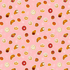 Seamless vector pattern whith buns, bagels, croissants