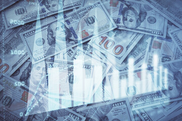 Double exposure of forex graph drawing over us dollars bill background. Concept of financial markets.