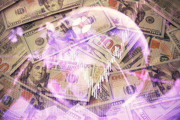 Multi exposure of forex chart drawing over us dollars bill background. Concept of financial success markets.