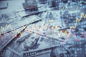 Multi exposure of forex chart drawing over us dollars bill background. Concept of financial success markets.