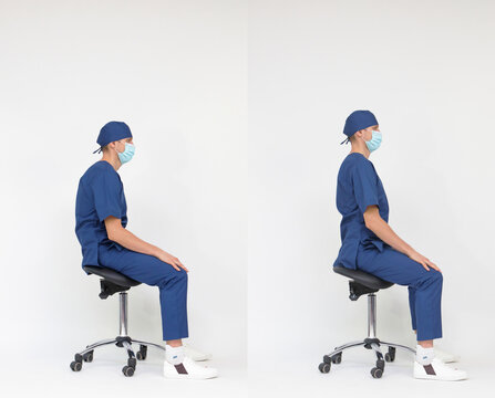 Male medical professional  with hunched back   versus  with straight back sitting on mobile saddle . Incorrect and correct posture.