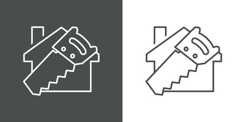 Taller de carpintería. Icono casa con serrucho con lineas en fondo gris y fondo blanco