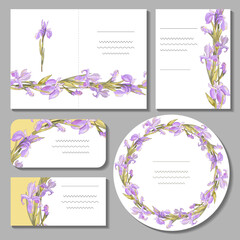 Set with floral romantic templates. Irises. For design gift boxes, announcements