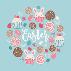 Easter greeting card with cupcake, bunny, cinnamon roll, eggs, leaves