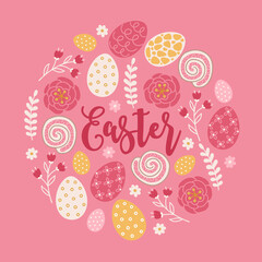 Easter greeting card with leaves, eggs and flowers. Circle ornament