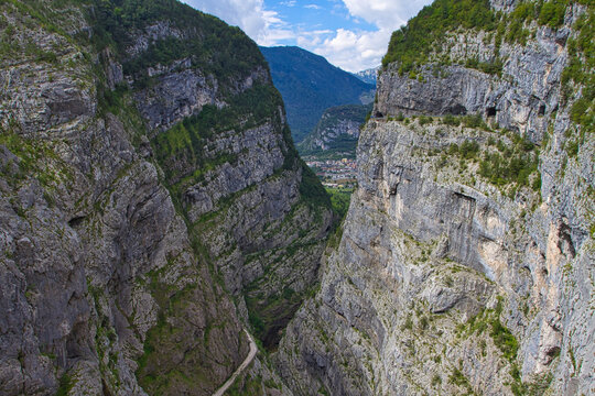 View of the Vajont valley in the dolomites mountains in Italy