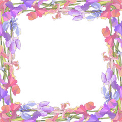 Square season wreath with irises isolated on white