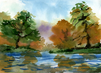 Summer landscape, sun and part of the forest. Watercolor illustration.