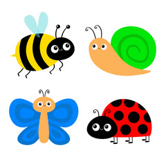 Butterfly, snail, lady bug ladybird bee bumblebee flying insect icon set. Ladybug. Side view. Cute cartoon kawaii funny baby character. Happy Valentines Day. Flat design. White background.