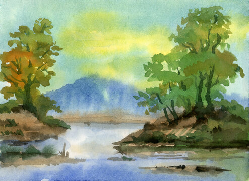 Summer landscape, sun and part of the forest. Watercolor illustration.