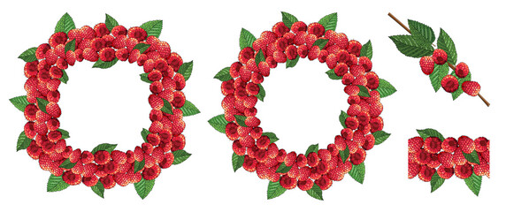 Seamless border and wreaths with ripe raspberries and leaves