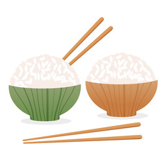 Green and brown leaf rice bowls with wooden chopsticks icon isolated on white background vector illustration. Organic food concept.