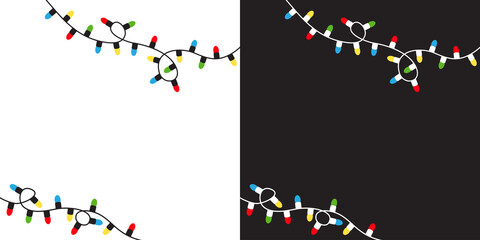 Christmas lights. Colorful string fairy light set. Corner decoration. Lightbulb glowing garland. Holiday festive xmas print. Rainbow color. Flat design. Black White background.