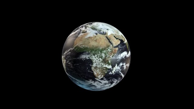 Animation of Earth seen from space, the globe spinning on satellite view on dark background. Global space exploration space travel concept digitally generated image.
