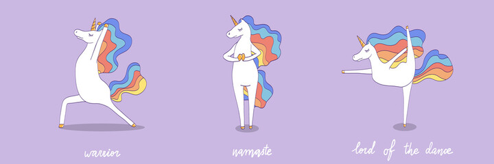 Vector set with unicorn doing yoga and meditation. Funny animal character for fitness print.