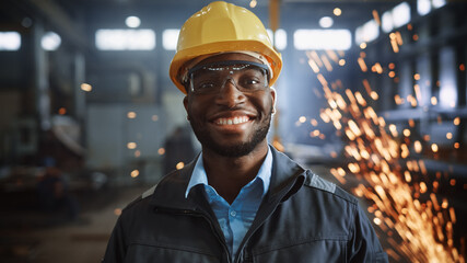 Portrait Shot of Happy Professional Heavy Industry Engineer/Worker Wearing Uniform, Glasses and...