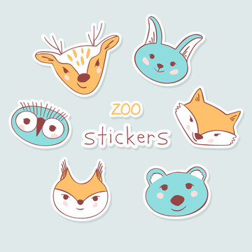 Simple animal portraits stickers -  bear, squirrel, hare, fox, owl, deer. Simple drawings for the design of children's products. Flat Vector illustration.