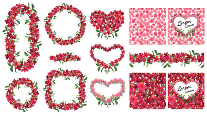 Vector romantic set. Colorful illustration - frames, hearts, seamless borders isolated on white.