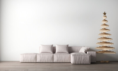 Living Room Christmas interior in Scandinavian style. Christmas tree, toys, gift boxes. Wall Mockup. Poster Mockup. Canva Mockup. 3d rendering