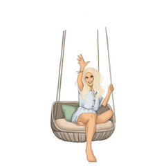Blonde Girl On Swing Isolated On A White Background Hand Drawn Illustration
