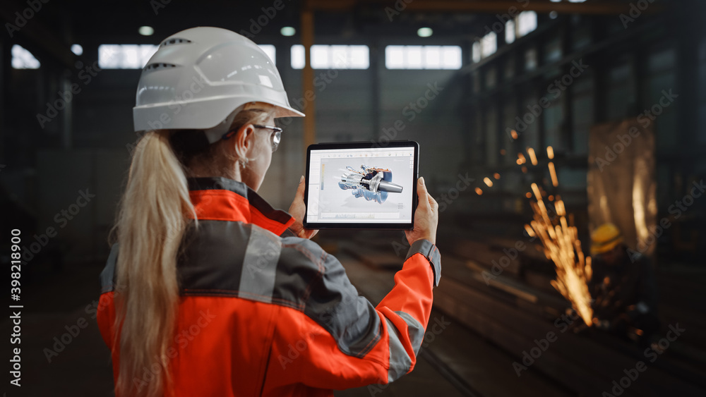 Aufkleber Professional Heavy Industry Engineer Uses Tablet Computer for Augmented Reality Render with Interactive Turbine Engine Blueprint. Female Industrial Specialist Working in a Metal Manufacture Warehouse.