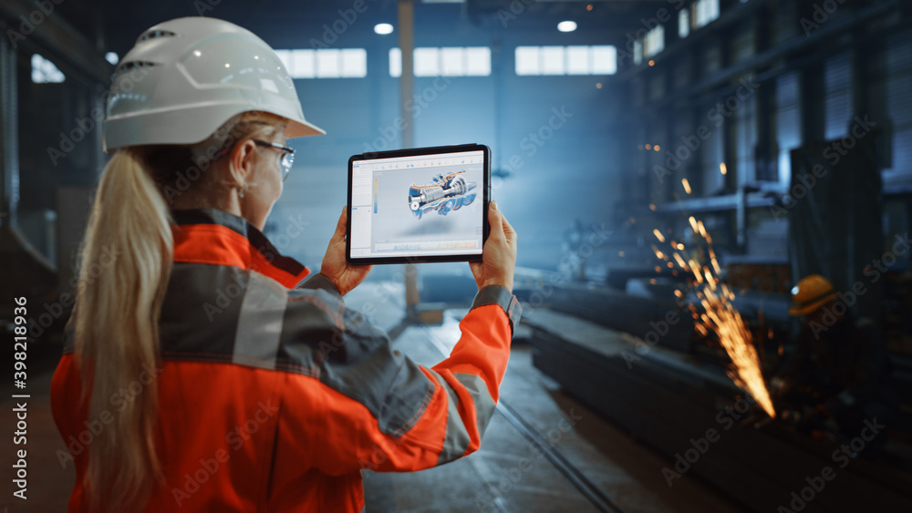 Poster Professional Heavy Industry Engineer Uses Tablet Computer for Augmented Reality Render with Interactive Turbine Engine Blueprint. Female Industrial Specialist Working in a Metal Manufacture Warehouse.