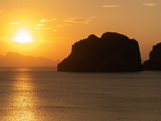 Orange color light sunset time at Krabi Thailand. Sea view background