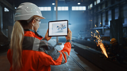 Professional Heavy Industry Engineer Uses Tablet Computer for Augmented Reality Render with...