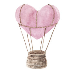 Hot air balloon Heart shape. Fly air transport illustration. Hand drawn watercolor element for design Valentine's card Isolated on white background.