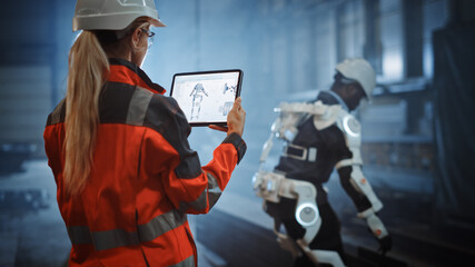 Female Engineer is Testing Vital Components of a Futuristic Bionic Exoskeleton that Her Project...