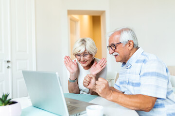 Obraz premium Happy old family couple talking with friends and family using laptop , surprised excited senior woman looking at computer waving and smiling.