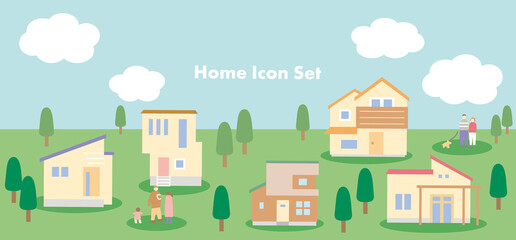 現代のおしゃれな一軒家のアイコンイラストセット
