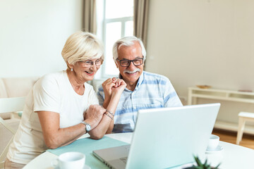 Senior couple is talking online via video connection on the laptop. Having nice time withfriends and family via video call.Holding their hands together