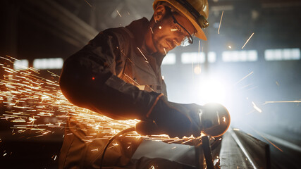 Heavy Industry Engineering Factory Interior with Industrial Worker Using Angle Grinder and Cutting...