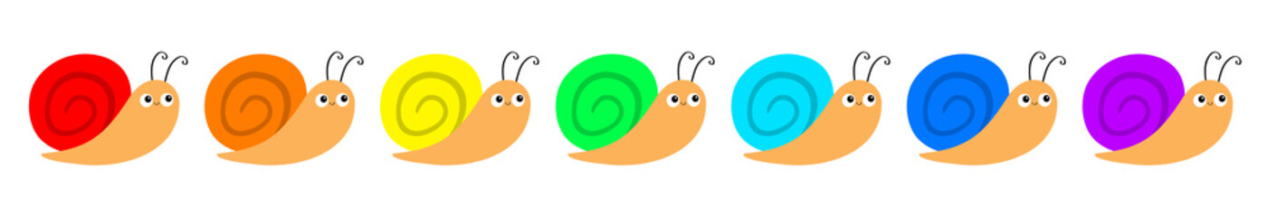 Snail cochlea icon set line. Insect isolated. Colorful shell house. Cute cartoon kawaii funny character. Big eyes. Smiling face. Flat design. Baby clip art. White background.