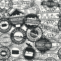 Harrisburg, PA, USA Set of Stamps. Travel Passport Stamps Pattern. Made In Product. Design Seals in Old Style Insignia Seamless. Icon Clip Art Vector Collection.
