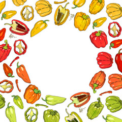 Template with bell peppers and slices on white background