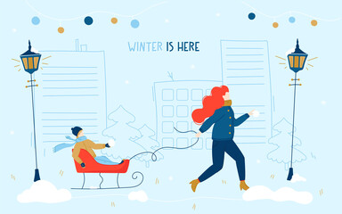 Mom rolls the child on a sled in a snowy park . Vector flat design of people. Cozy cartoon holiday illustration. Happy New Year And Merry Christmas cards