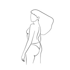 Single line drawing of a standing woman torso in underware from back. Isolated on white background. Vector illustration.