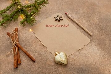 Wish list or Letter to Santa Claus. Festive copy space background. Dear Santa Text.